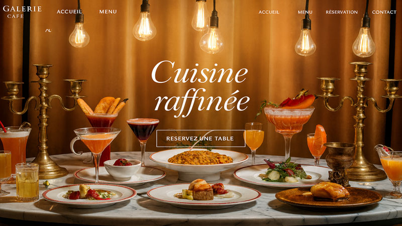 Table gastronomique du Galerie Café avec plats raffinés et cocktails colorés sous lumière dorée – démo de site restaurant ilicopresto