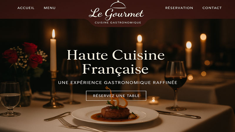 Salle élégante du restaurant Le Gourmet avec table dressée, chandelles et plat gastronomique français – démo de site restaurant ilicopresto