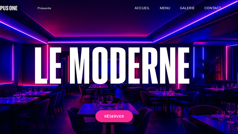 Intérieur du restaurant Le Moderne avec ambiance néon bleue et rose, tables élégantes et design contemporain – démo de site restaurant ilicopresto