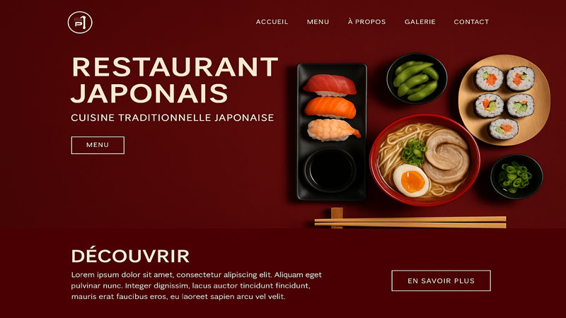 Présentation d’un restaurant japonais moderne avec sushi, ramen et makis sur fond rouge élégant – démo de site restaurant ilicopresto