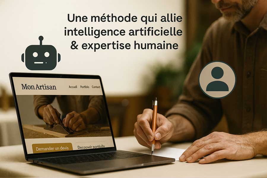 Illustration de la méthode Tooleweb alliant intelligence artificielle et expertise humaine, avec un artisan travaillant sur un site web professionnel.