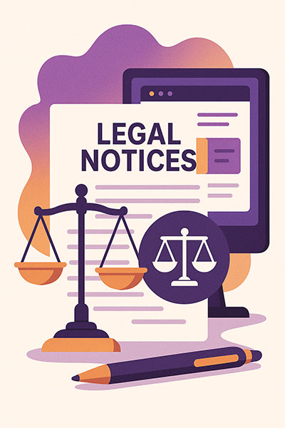 Illustration représentant des documents légaux et un site web, avec une balance de justice et un écran d’ordinateur dans des tons violets et oranges.