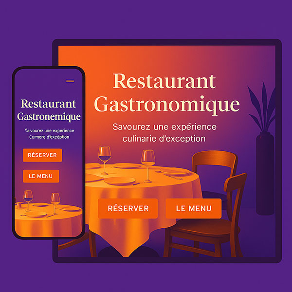 Maquette d’un site web pour restaurant gastronomique affichée sur ordinateur et mobile, conçue avec Ilicop Resto