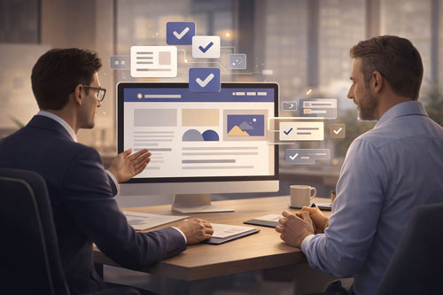 Écran d’ordinateur affichant la maquette d’un site web de restaurant avec trois bulles de validation client – création de site internet pour restaurant par IlicoPresto.