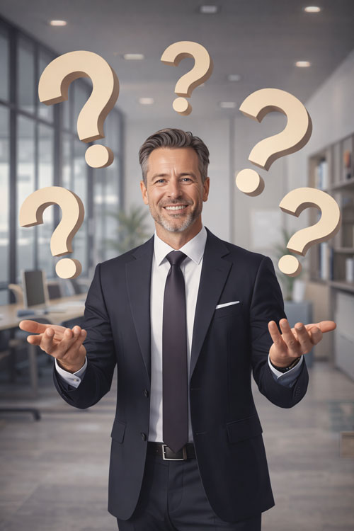 Restaurateur souriant dans son établissement entouré de points d’interrogation, illustrant la section FAQ d’Ilicop Resto